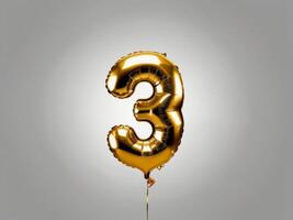 Golden Foil Balloon Number 3 on White Background for Celebratory Events photo