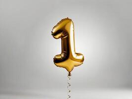 A golden foil balloon shaped as the number 1, isolated on a neutral background photo