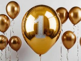 Golden Foil Balloon with Number 1 Surrounded by Other Balloons for Celebratory Events photo