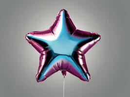 A star-shaped foil balloon with a gradient of pink and blue colors, floating against a gray background photo
