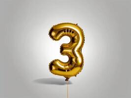 Golden Foil Balloon Number 3 on White Background for Celebratory Events photo