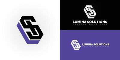 Abstract initial hexagon letters LS or SL logo in black-purple color isolated on multiple background colors. The logo is suitable for business and consulting company logo design illustration vector
