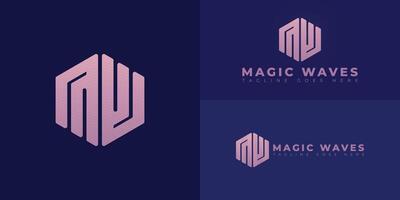 Abstract initial hexagon letters MW or WM logo in pink color isolated on multiple background colors. The logo is suitable for blockchain marketing agency logo design illustration inspiration vector
