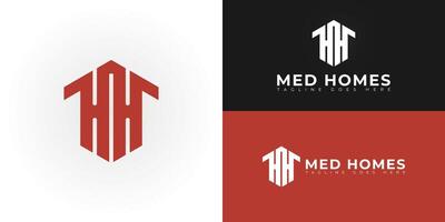 Abstract initial hexagon letters MH or HM logo in red color isolated on multiple background colors. The logo is suitable for real estate firm logo design illustration inspiration templates. vector