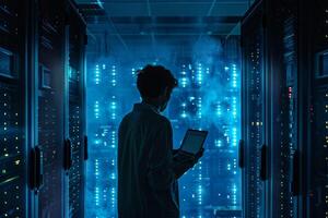 Man standing in front of a data centre checking the database photo