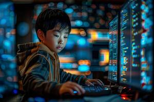 Asian kid using computer and doing programming or coding photo