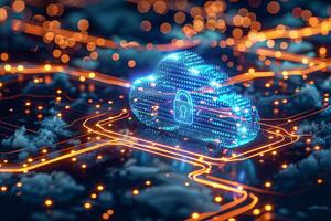 Digital illustration Blue glowing cloud with a lock on over a blue circuit board, cloud computing concept photo