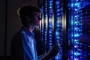 Man standing in front of a data centre checking the database photo