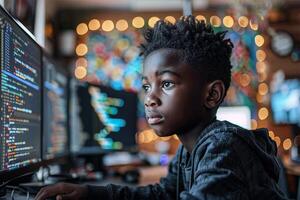 Black kid using computer, programming coding photo