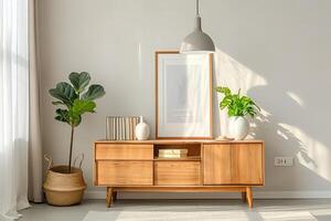 A wall room with brown wooden table shelf with plants and blank empty canvas mockup frame grey lamp minimalist interior design photo