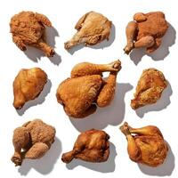 Set of fried chickens isolated on white background, leg piece, full chicken photo