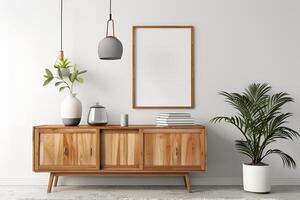 A wall room with brown wooden table shelf with plants and blank empty canvas mockup frame grey lamp minimalist interior design photo