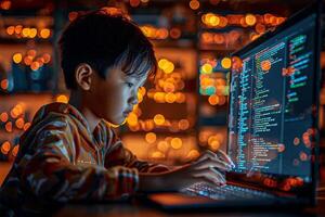Asian kid using computer and doing programming or coding photo