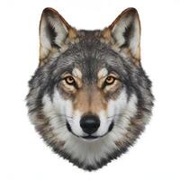 A grey wolf head isolated on white background, smiling canis photo