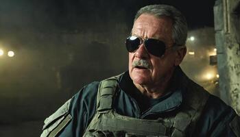 photo of older commander soldier in combat armor outfit on mission scene night ,