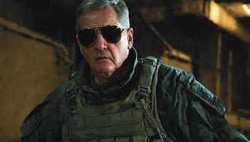 photo of older commander soldier in combat armor outfit on mission scene night ,