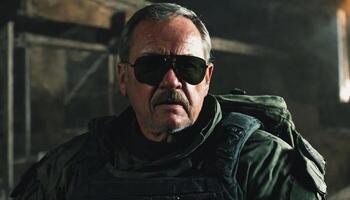 photo of older commander soldier in combat armor outfit on mission scene night ,