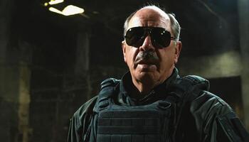 photo of older commander soldier in combat armor outfit on mission scene night ,