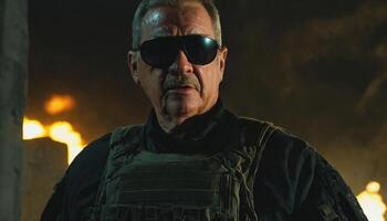 photo of older commander soldier in combat armor outfit on mission scene night ,