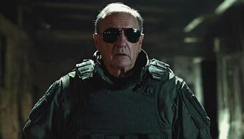 photo of older commander soldier in combat armor outfit on mission scene night ,