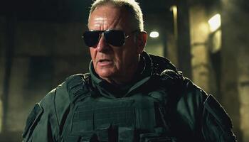 photo of older commander soldier in combat armor outfit on mission scene night ,