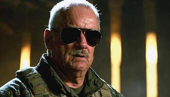 photo of older commander soldier in combat armor outfit on mission scene night ,
