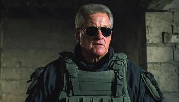 photo of older commander soldier in combat armor outfit on mission scene night ,