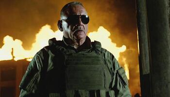 photo of older commander soldier in combat armor outfit on mission scene night ,
