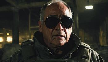 photo of older commander soldier in combat armor outfit on mission scene night ,