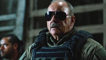 photo of older commander soldier in combat armor outfit on mission scene night ,