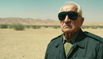 photo of older commander soldier in combat armor outfit on mission scene ,