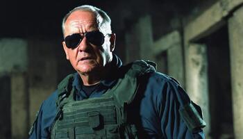 photo of older commander soldier in combat armor outfit on mission scene night ,
