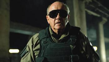 photo of older commander soldier in combat armor outfit on mission scene night ,