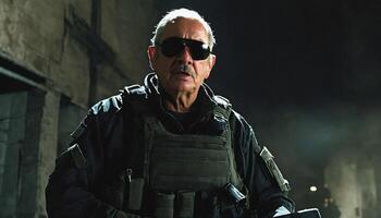photo of older commander soldier in combat armor outfit on mission scene night ,