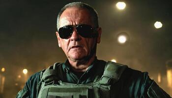 photo of older commander soldier in combat armor outfit on mission scene night ,