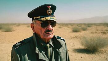 photo of older commander soldier in combat armor outfit on mission scene ,