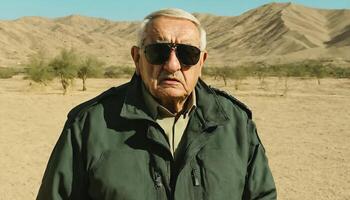 photo of older commander soldier in combat armor outfit on mission scene ,