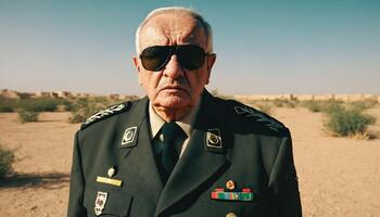 photo of older commander soldier in combat armor outfit on mission scene ,