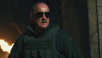 photo of older commander soldier in combat armor outfit on mission scene night ,
