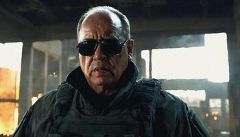 photo of older commander soldier in combat armor outfit on mission scene night ,