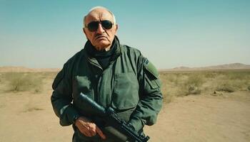 photo of older commander soldier in combat armor outfit on mission scene ,