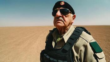 photo of older commander soldier in combat armor outfit on mission scene ,