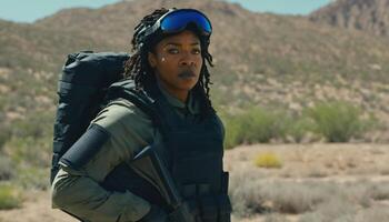 photo of strong african woman in combat armor outfit on mission ,