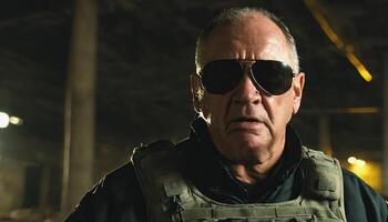 photo of older commander soldier in combat armor outfit on mission scene night ,