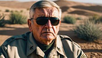 photo of older commander soldier in combat armor outfit on mission scene ,