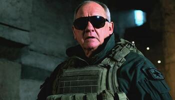 photo of older commander soldier in combat armor outfit on mission scene night ,