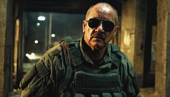 photo of older commander soldier in combat armor outfit on mission scene night ,