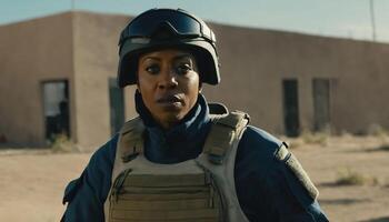 photo of strong african woman in combat armor outfit on mission ,