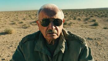 photo of older commander soldier in combat armor outfit on mission scene ,