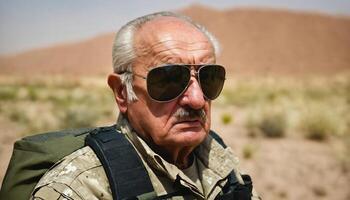 photo of older commander soldier in combat armor outfit on mission scene ,